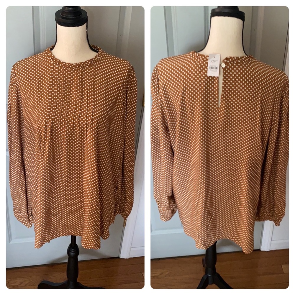 Loft High Neck Long Sleeve Pullover Blouse in Brown Polka Dot/Size Large